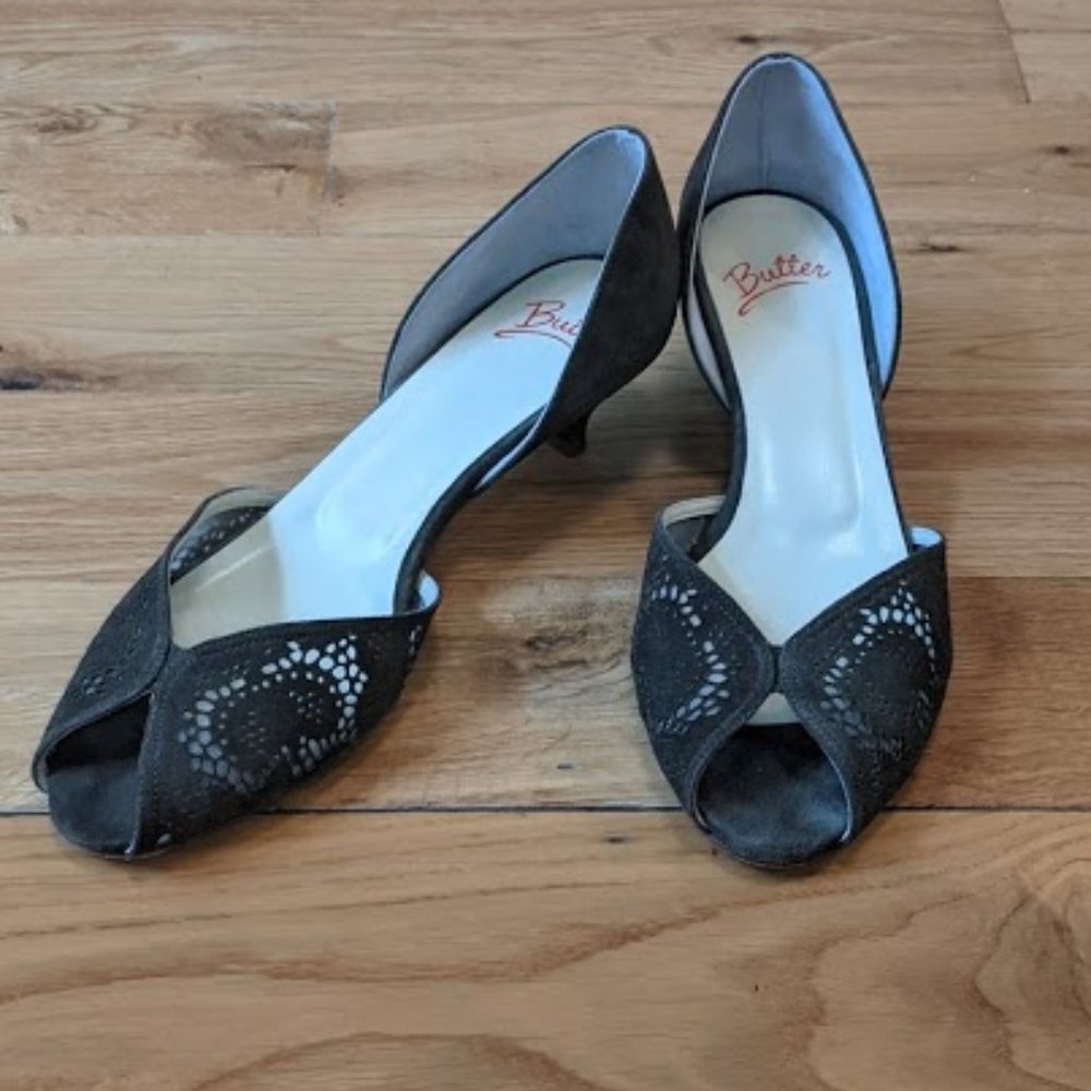 Butter Olive Suede Peep Toe Pumps 8